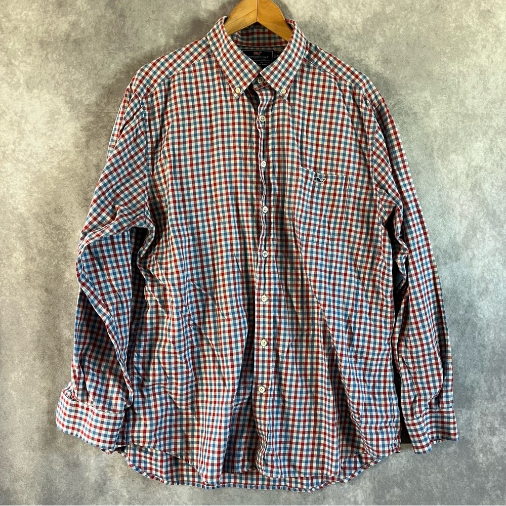 Vineyard Vines Button Shirt Men XL Red White Blue Slim Fit Tucker Plaid Preppy